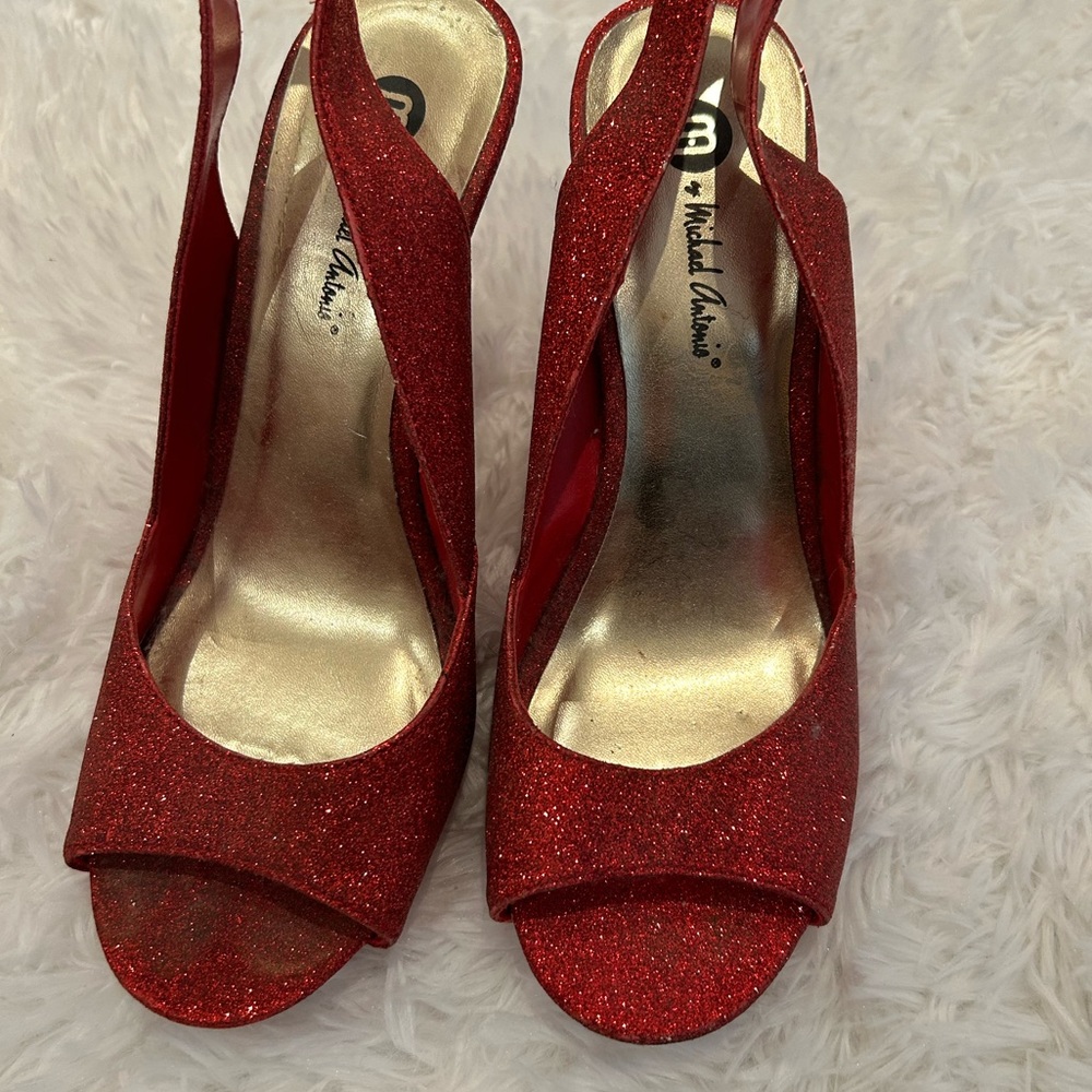 Michael Antonio, red sequins stiletto heels, peep toe, 8.5